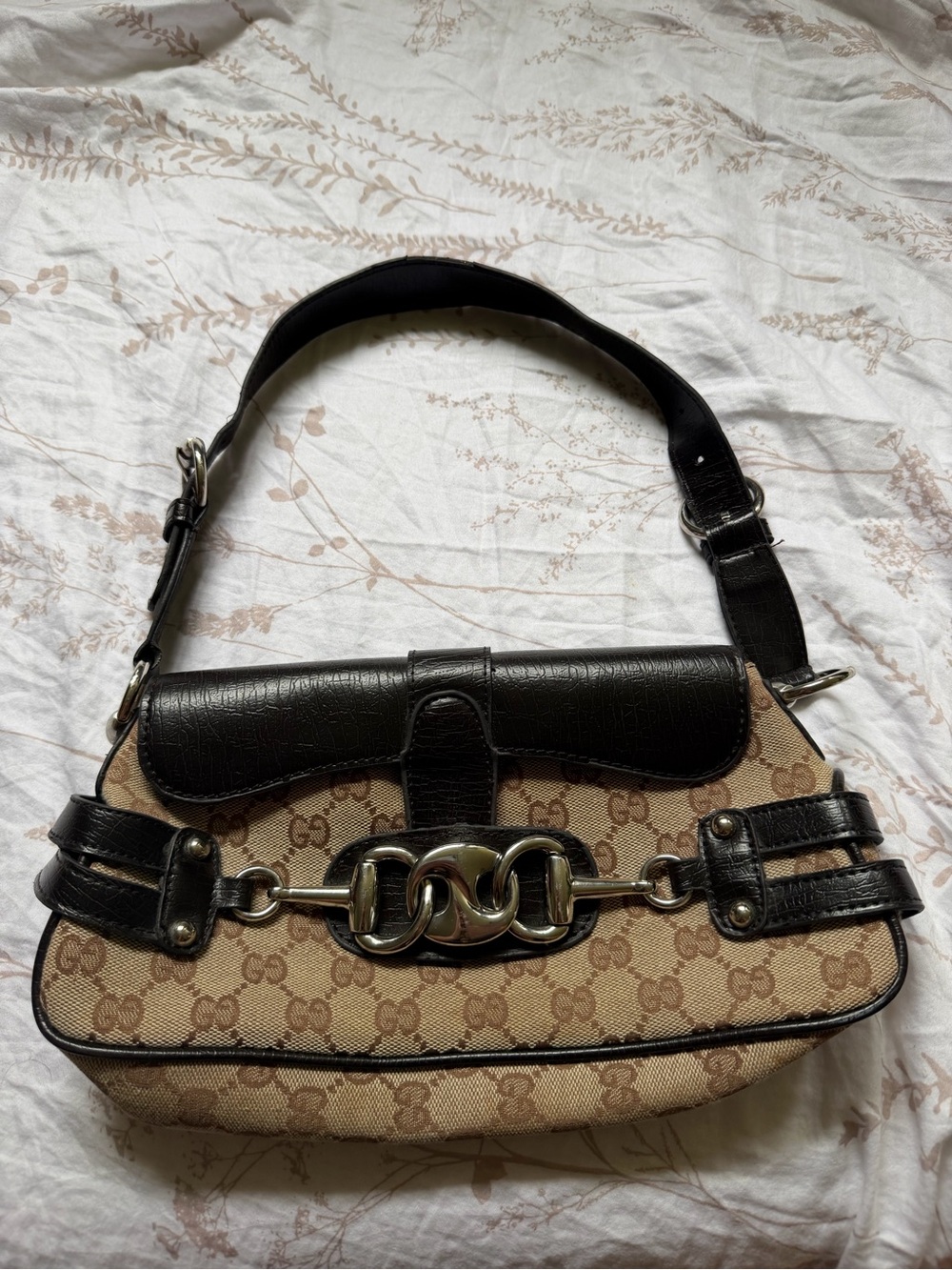 Vintage Gucci Beige GG Canvas Shoulder Bag Horsebit Chain Flap